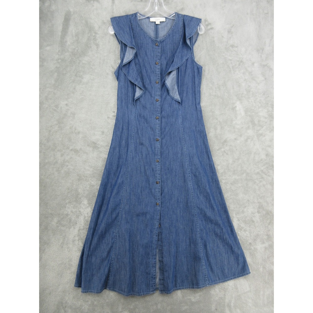 LOFT Dress Womens Size 6 Denim Ruffle Button Front Midi A Line Dark Wash Blue